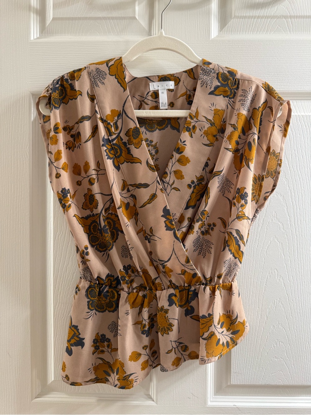 Leith Blush Floral Surplice Peplum Top with Mustard Accents